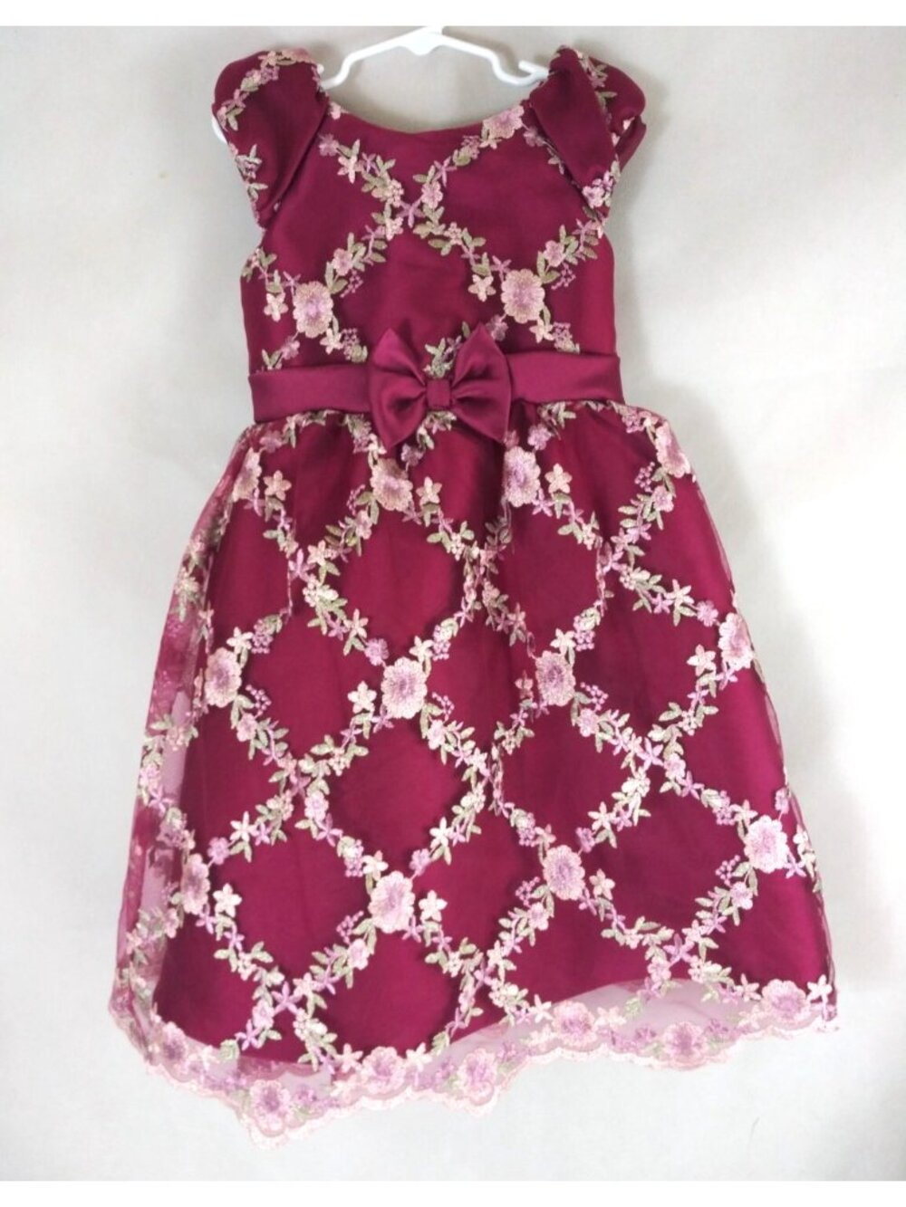Rare Editions Maroon Metallic Floral Embroidered Dress With Bow Girls Size 6X